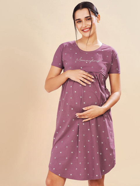 PASTEL CLIP Women Cotton Star Printed Maternity Nightdress