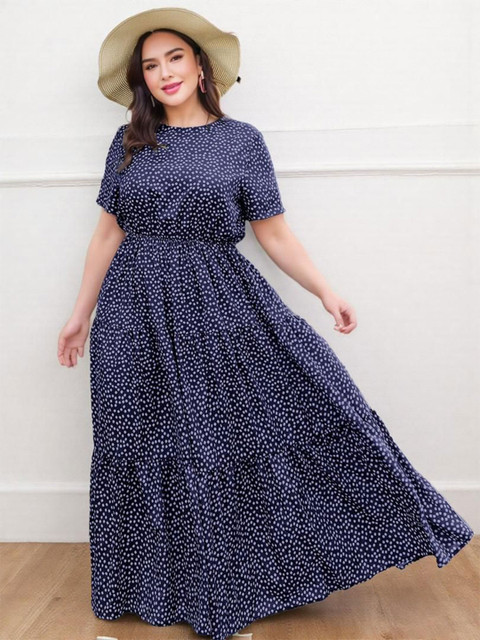 Sztori Women Plus Size Polka Dots Tiered PU Coated Maxi Dress