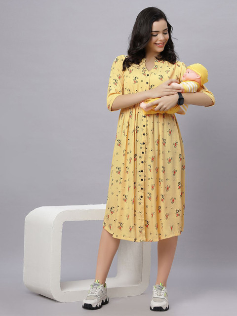 Mammas Maternity Women Floral Printed Maternity Fit-Flare Midi Dress