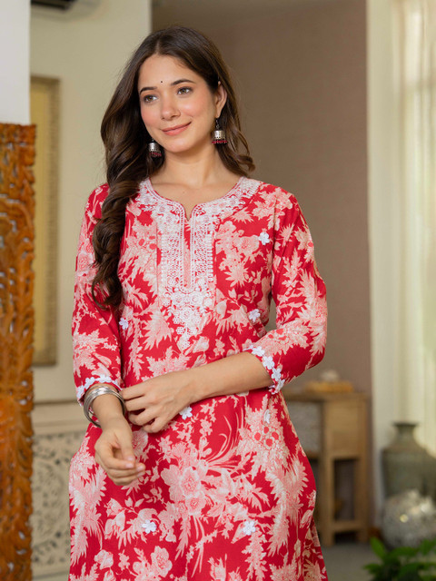 BKApparels Floral Embroidered Thread Work Pure Cotton Straight Kurta