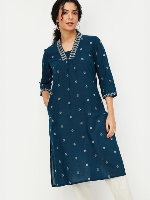 max Women Geometric Printed V-Neck Cotton Straight Kurta