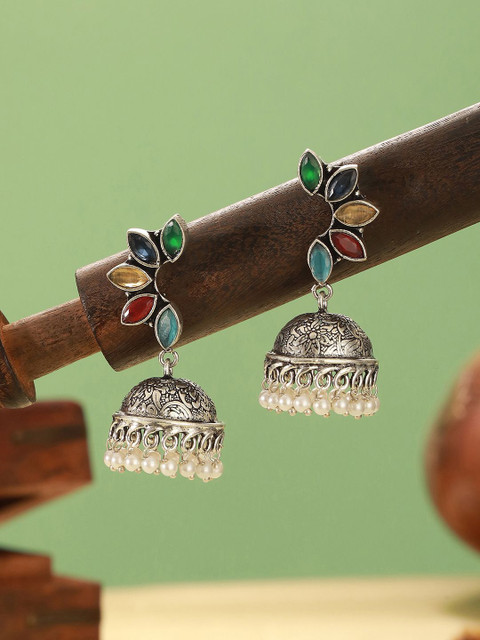 Saraf RS Jewellery Rhodium Plated Artificial Stones Studded & Beaded Oxidised Jhumkas