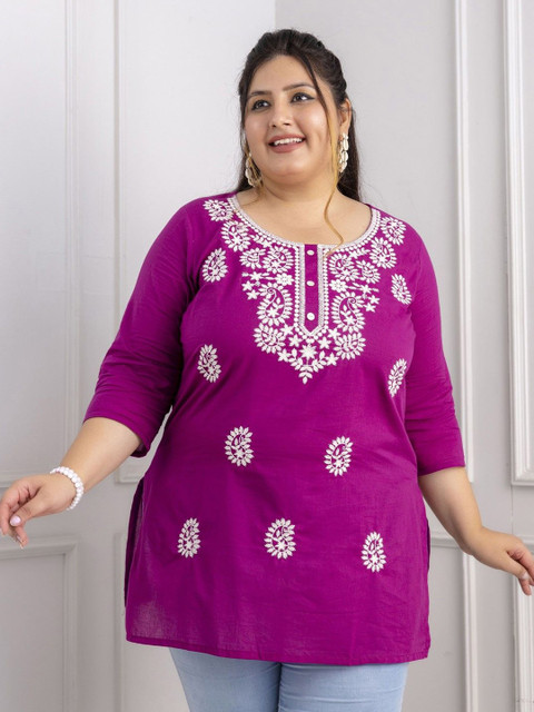 Lee Moda Plus Size Paisley Embroidered Round Neck Pure Cotton Kurti