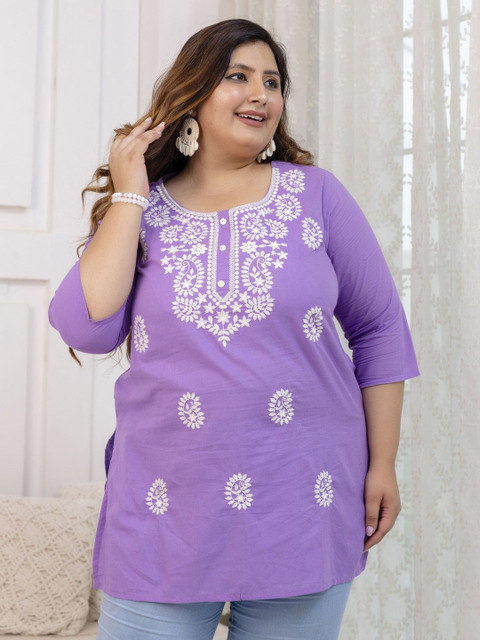 Lee Moda Plus Size Paisley Embroidered Round Neck Pure Cotton Kurti