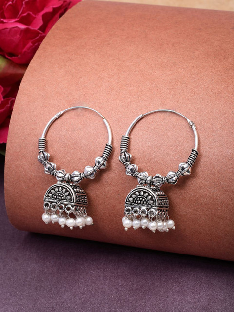Anouk Set Of 2 German Silver-Plated Artificial Beaded Oxidised Dome Shaped Jhumkas