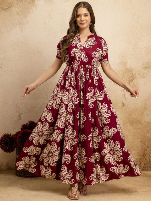 PURSHOTTAM WALA Floral Printed Mandarin Collar Maxi Ethnic Dress