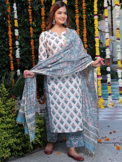 THE FAB FACTORY Floral Printed Notch Neck Straight Kurta With Trousers & Dupatta