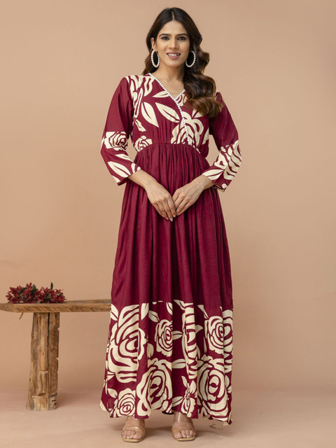 PURSHOTTAM WALA Floral Printed V-Neck Maxi Ethnic Dress