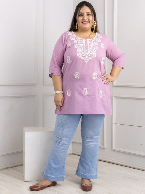 Lee Moda Plus Size Paisley Embroidered Round Neck Pure Cotton Kurti