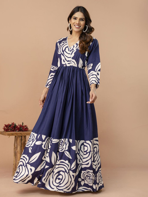 PURSHOTTAM WALA Floral Printed V-Neck Maxi Ethnic Dress