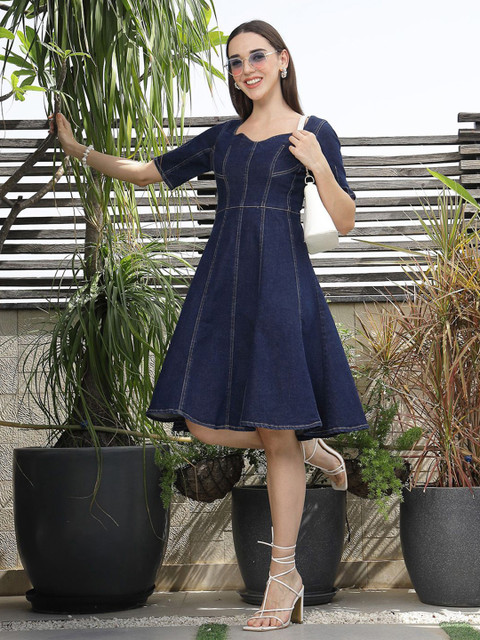 plusS Women Square Neck Denim A-Line Dress - Image 6