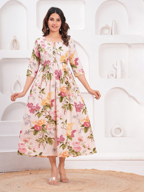 mad fury Women Floral Printed Gathered or Pleated Cotton Maternity Fit & Flare Midi Dress