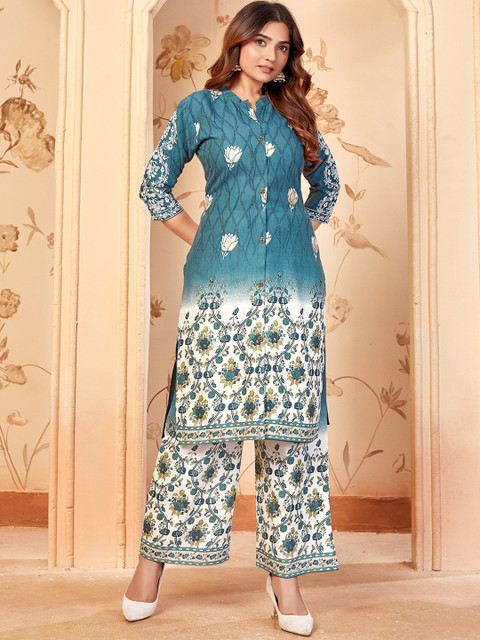 Divyadham Textiles Printed Mandarin Collar Neck Top With Palazzos Co-Ords