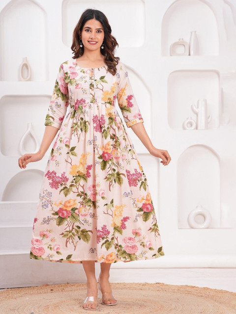 CORSICA Women Maternity Floral Printed Gathered or Pleated Fit and Flare Cotton Midi Dress