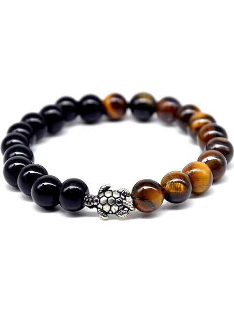 VIBESLE Tiger Eye Crystal Stone with Silver Turtle Bracelet