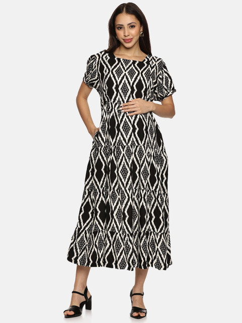 Nejo Geometric Printed Maternity Fit and Flare Midi Dress