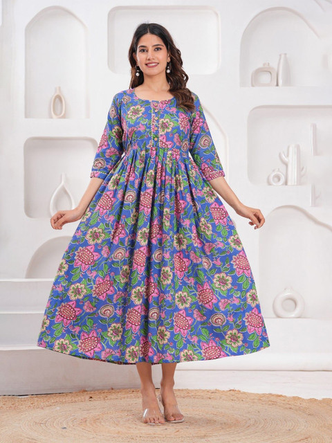 mad fury Women Floral Printed Maternity Fit and Flare Cotton Midi Dress