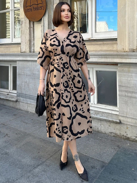 PIMU Women Printed V-Neck A-Line Midi Dress