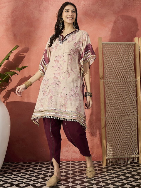 Sangria Embroidered V-Neck Mirror Work Pure Cotton Kaftan With Trousers