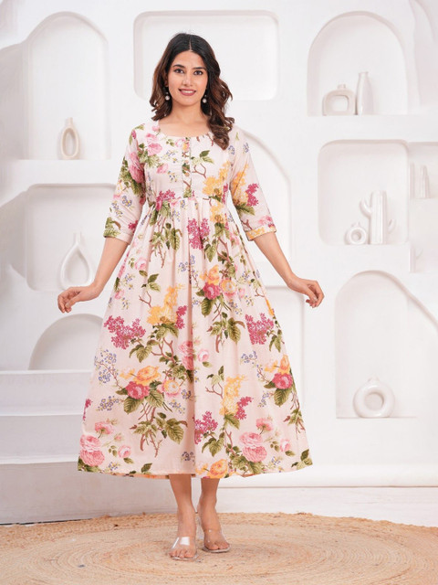 FEMARY Women Maternity Ethnic Motifs Printed Pure Cotton Fit and Flare Midi Dress