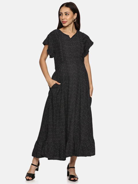 Nejo Women Maternity Polka Dots Printed Flutter Sleeve Monochrome A-Line Maxi Dress