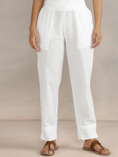 Fabindia Women Relaxed Fit High-Rise Cotton Pintucks Trousers