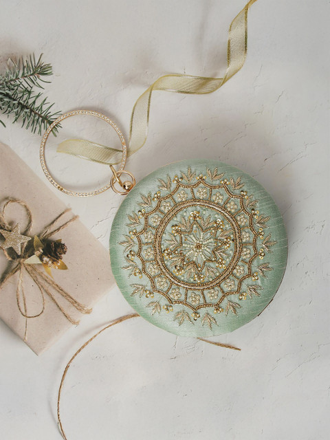 WORTHYY ACCESSORIES Floral Embroidered Beads & Stones Round Shaped Box Clutch