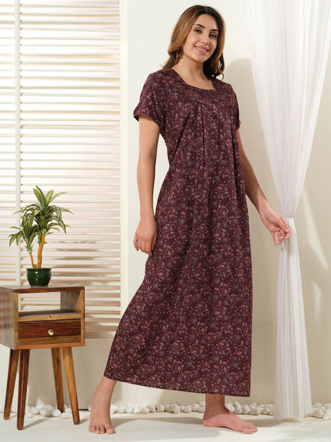 EASY MOM Women Ethnic Printed Square Neck Cotton Maxi Nightdress - Image 3