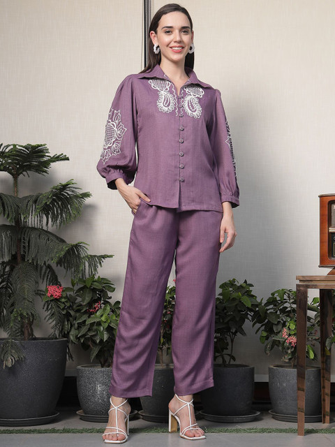 plusS Embroidered Shirt Collar Cotton Shirt With Trousers Co-Ords