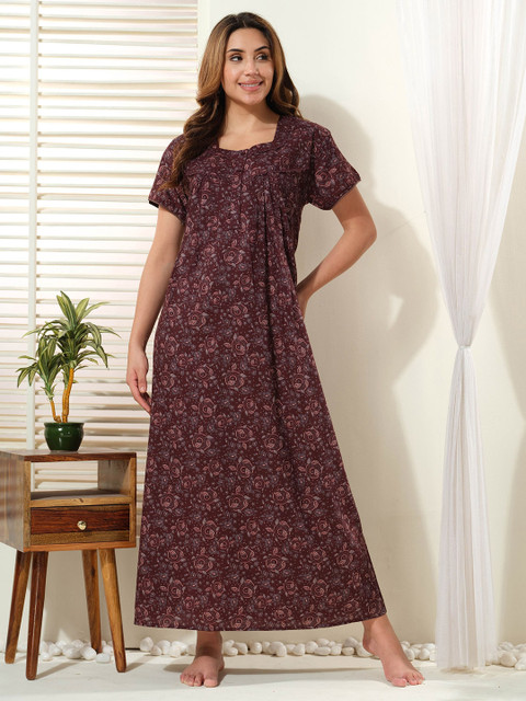 EASY MOM Women Ethnic Printed Square Neck Cotton Maxi Nightdress