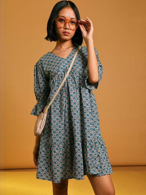 LIMEROAD Women Ethnic Printed Cambric V Neck Ethnic Dress