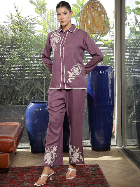 plusS Embroidered Shirt Collar Cotton Shirt With Trousers Co-Ords