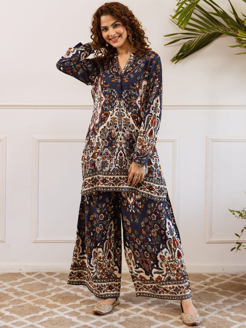 KALINI Ethnic Motifs Printed Mandarin Collar Straight Tunic With Palazzos