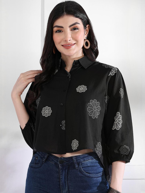 KALINI Floral Print Collar Cotton Top