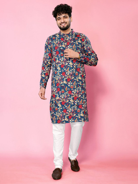 THE FAB FACTORY Floral Printed Band Collar Straight Kurta