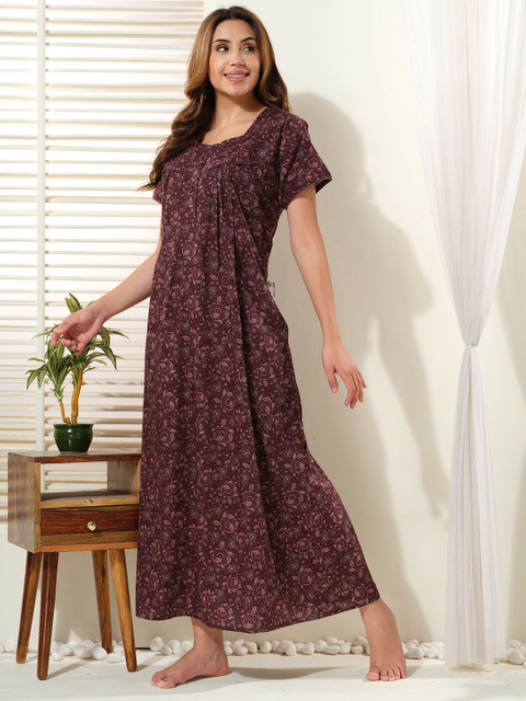 EASY MOM Women Ethnic Printed Square Neck Cotton Maxi Nightdress - Image 4