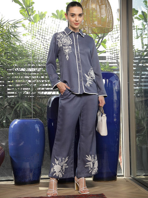 plusS Embroidered Shirt Collar Cotton Shirt With Trousers Co-Ords - Image 6