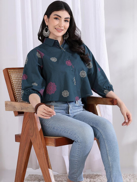 KALINI Floral Print Shirt Collar Top