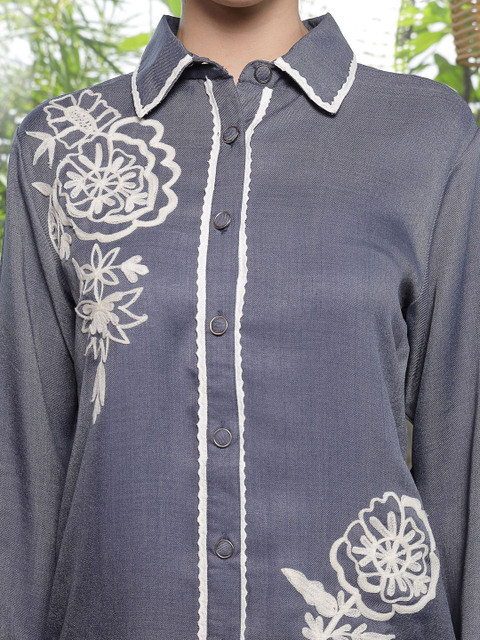 plusS Embroidered Shirt Collar Cotton Shirt With Trousers Co-Ords - Image 2