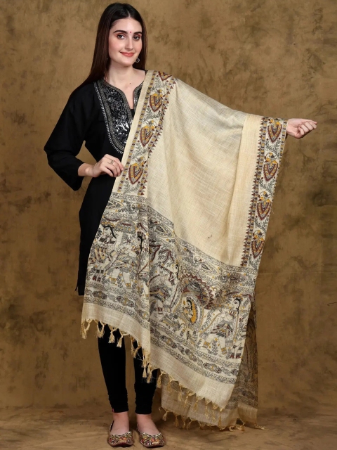 Exotic India Women Madhubani Art Printed Cotton Shawl & Peacocks Border
