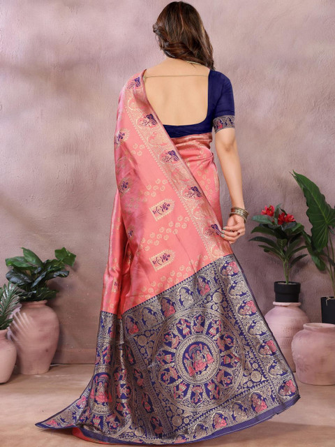 vj fashion Peach Ethnic Motifs Woven Design Banarasi Sarees - Image 3