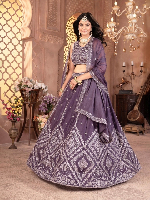 MISS CLOTHING Embroidered Sequinned Unstitched Lehenga & Blouse With Dupatta - Image 3