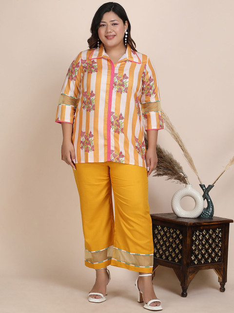 Bani Women Plus Size Floral Printed Shirt Collar Neck Casual Tunic With Trouser Co-Ords