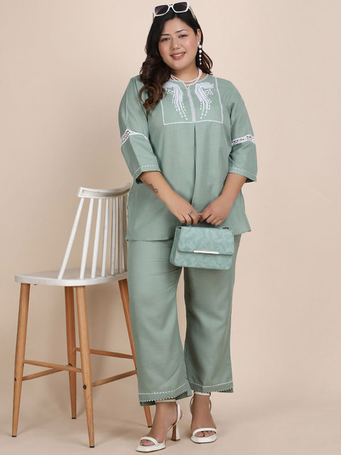 Bani Women Embroidered Plus Size Round Neck Tunic With Trouser Co-Ords