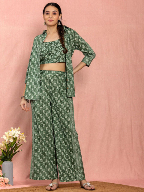 KASYA Printed Shoulder Strap Neck Top & Palazzo With Shirt Co-Ords