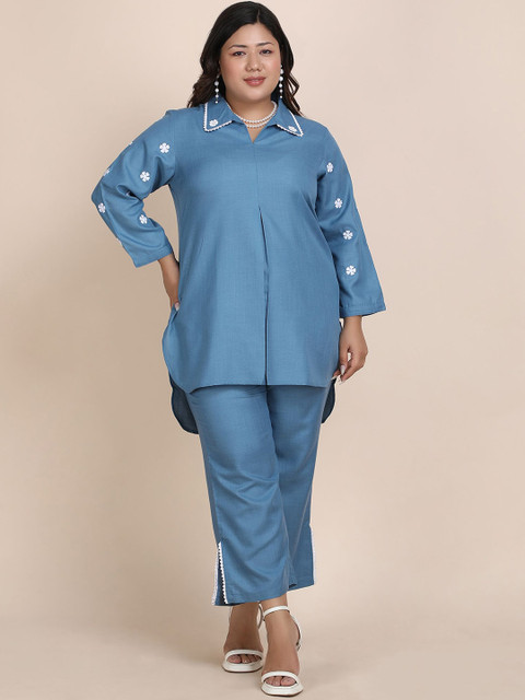 Bani Women Embroidered Plus Size Shirt Collar Neck Casual Tunic With Trouser Co-Ords