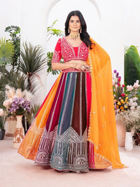 MISS CLOTHING Floral Embroidered Sequinned Unstitched Lehenga & Blouse With Dupatta