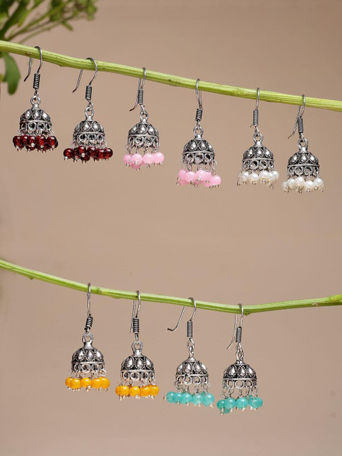 Sangria Women Pair of 5 Oxidized Silver Plated Multicolor Artificial Beads Jhumka Earrings