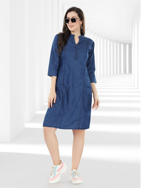 SK Creation Women Mandarin Collar Thread Work Denim Dress