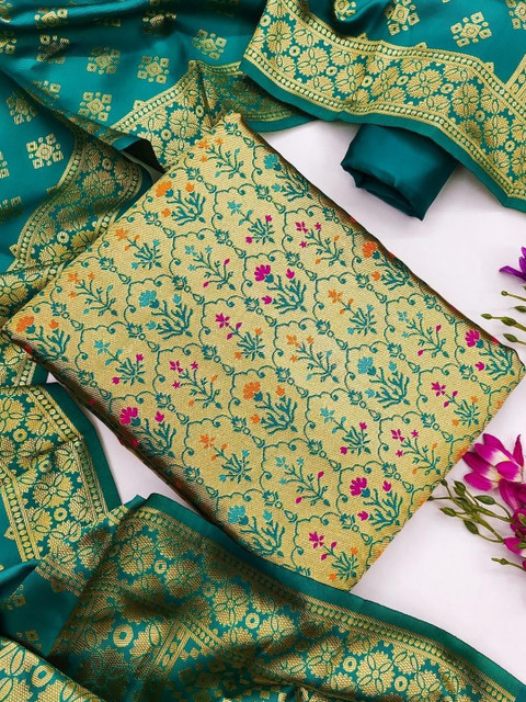 KALINI Women's Silk Blend Banarasi Silk Unstitched Salwar Suit Dress Material with Dupatta